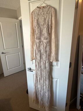 House of CB Long Sleeve Lace Maxi Dress in Blush Nude